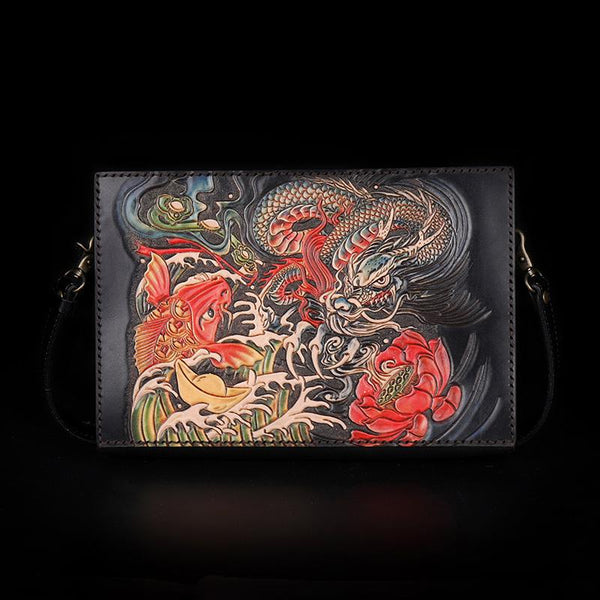 Handmade Black Tooled Chinese Lion Leather Courier Bag Messenger Bag F –  imessengerbags