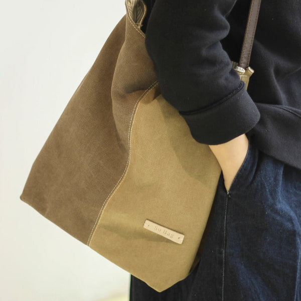Khaki Canvas Splicing Tote Bag