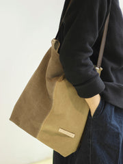 Khaki Canvas Splicing Tote Bag