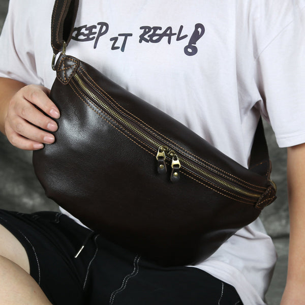 Black Leather Fanny Pack Men's Chest Bag Leather Hip Bag Belt Bag Waist Bag For Men