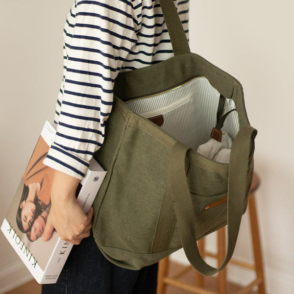 Mens Army Green Canvas Large Tote Bag