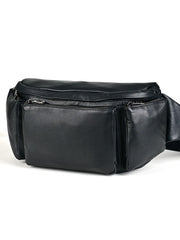 Large Black Leather Fanny Pack Men's Black Chest Bag fanny pack mens Hip Bag Large Capacity Waist Bag For Men