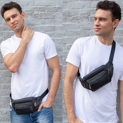 Small Leather Fanny Pack Men's Black Crossbody Chest Bag Leather Hip Bag Small Waist Bag For Men