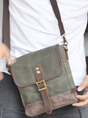 men's waxed canvas messenger bag​ Cool Canvas Leather Mens Small Green Messenger Bag Vertical Side Bag Shoulder Bag For Men - imessengerbags