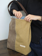 Khaki Canvas Splicing Tote Bag