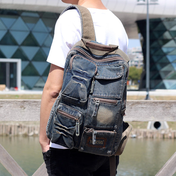 blue jean backpack​ Mens 14 inches Denim Backpack Denim Backpack Purse Womens Denim Backpacks Vintage Denim Backpack