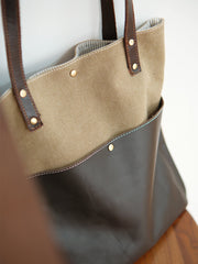 Canvas Tote Bags Khaki&Coffee Canvas Leather Handbags Womens Canvas Leather Tote Bag for Men