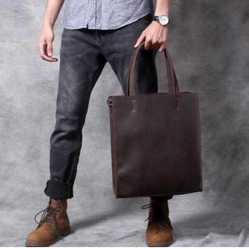 Dark Brown Leather Tote Bags For Men Leather Tote Bag on Shoulder Mens Leather Tote Bag