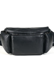 Large Black Leather Fanny Pack Men's Black cross body fanny pack Chest Bag Hip Bag Large Capacity Waist Bag For Men