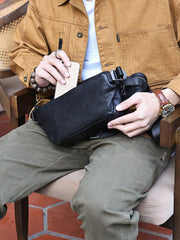 Black Leather Sling Bag Men's Leather Chest Bag Leather Crossbody Fanny Pack Waist Bag For Men