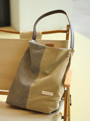 Khaki Canvas Splicing Tote Bag