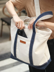 Womens White&Blue Canvas Stachel Tote Bag 