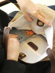 Inside of Khaki Canvas Splicing Tote Bag