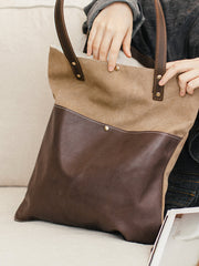 Canvas Tote Bags Khaki&Coffee Canvas Leather Handbags Womens Canvas Leather Tote Bag for Men