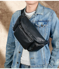 Large Black Leather Fanny Pack Men's Black Chest Bag Hip Bag cross body fanny pack Large Capacity Waist Bag For Men