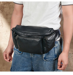 Large Black Leather fanny pack mens Fanny Pack Men's Black Chest Bag Hip Bag Large Capacity Waist Bag For Men