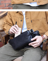 Black Leather men's sling shoulder bag Fanny Pack Men's Leather Chest Bag Leather Crossbody Fanny Pack Waist Bag For Men