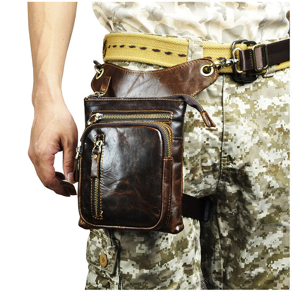 drop leg pouch​ belt bag crossbody​ Brown Thigh Bag Motorcycle Thigh Bag Leather Bags for Legs Leather Belt Bag for Men