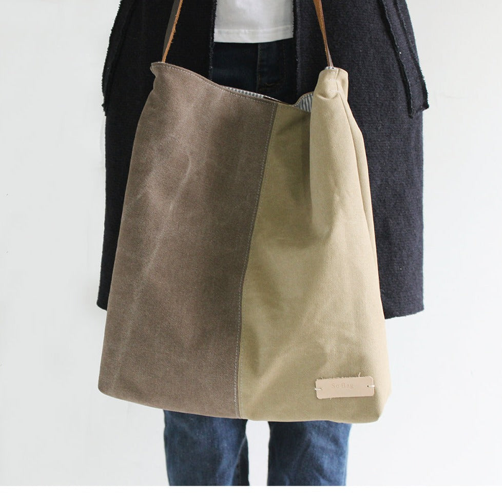 Khaki Canvas Splicing Tote Bag