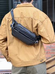 Black Leather Fanny Pack sling shoulder bag mens Men's Leather Chest Bag Leather Crossbody Fanny Pack Waist Bag For Men