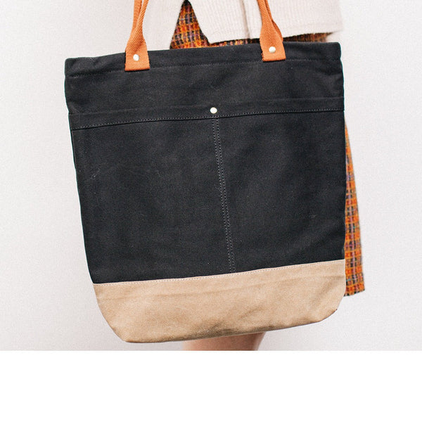 Women Black&Khaki Canvas Shopper Tote Bags Canvas Tote Shoulder Bag Handbag for Men