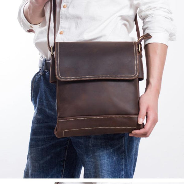 BADASS BROWN YELLOW LEATHER MEN'S 10 inches Side bag Vertical Courier Bag MESSENGER BAG FOR MEN