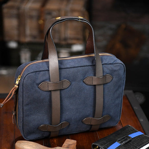 Mens Navy Canvas Small iPad Handbag Khaki Canvas Mini Briefcase Handbag for Men