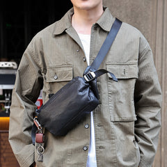 Black Leather Fanny Pack Men's Leather Chest Bag Leather Crossbody Sling Pack Waist Bag For Men