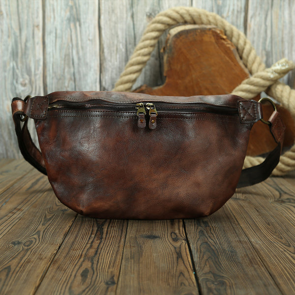 Dark Brown Leather Fanny Pack Men's Chest Bag Leather Hip Bag Belt Bag Waist Bag For Men