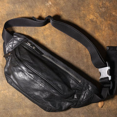 Cool Black Leather Fanny Pack Crossbody Men Hip Bag Chest Bag Leather Waist Bag Leather Bum Pack For Men 