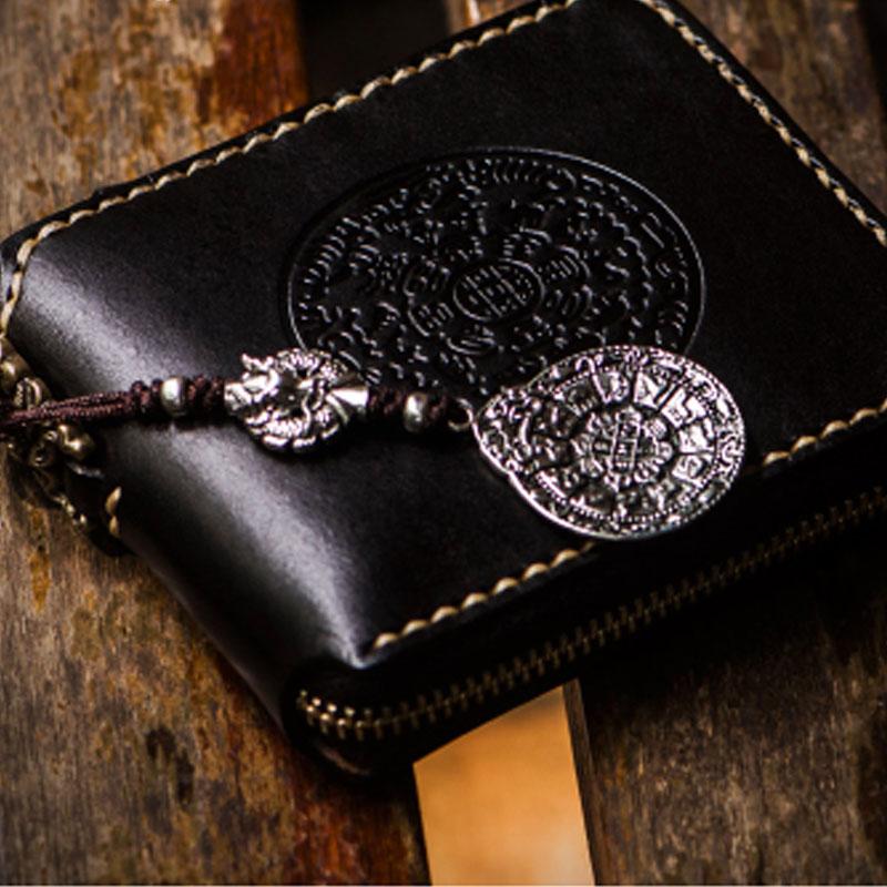 Handmade Leather Small Tibetan Tooled Mens billfold Wallets Cool Chain