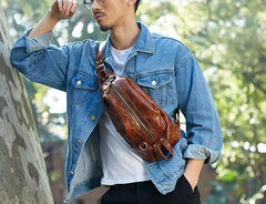 Genuine Leather Mens Cool Chest Bag Sling Bag Crossbody Bag Travel Bag Hiking Bag for men