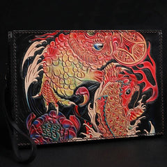 Black Handmade Tooled Leather Carp Toad Clutch Wallet Wristlet Bag Clutch Purse For Men - imessengerbags