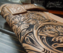 Handmade Leather Biker Wallet Tooled Floral Mens Cool Chain Wallet Trucker Wallet with Chain - imessengerbags