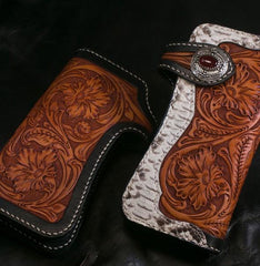 Handmade Mens Cool Tooled Boa Skin Floral Leather Chain Wallet Biker Trucker Wallet with Chain - imessengerbags
