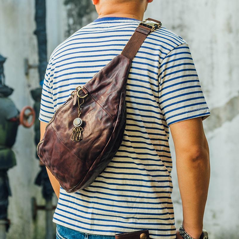 Leather Mens Cool Sling Bag Crossbody Bag Chest Bag for Men