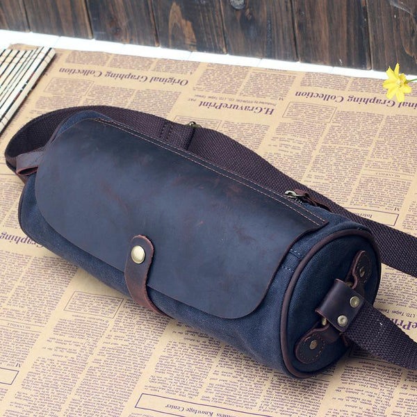 Gray Canvas Leather Mens Green Barrel Postman Bag Bucket Messenger Bag Side Bag For Men - imessengerbags