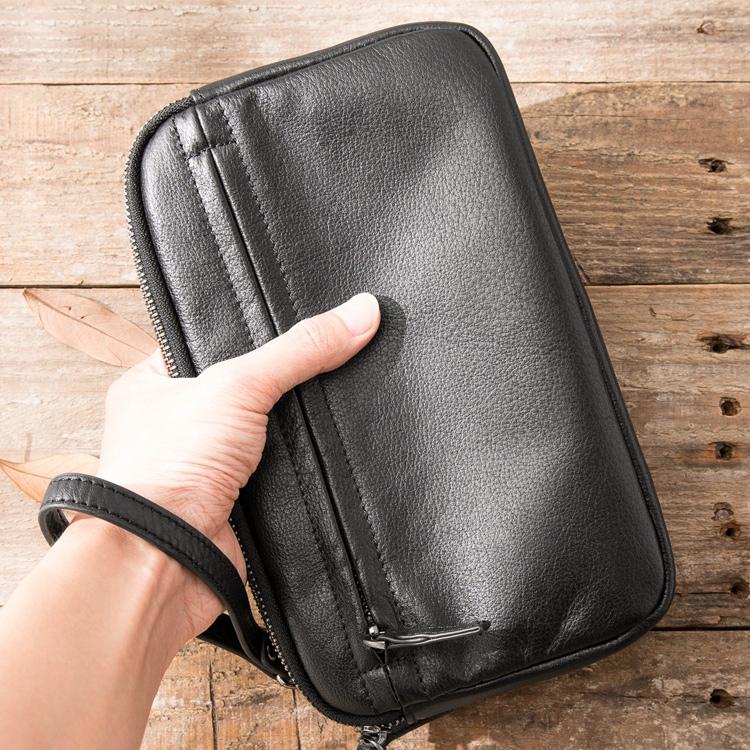 Black Leather Mens Long Zipper Clutch Wallet Wristlet Bag Long Wallet Phone Clutch Wallet for Men - imessengerbags