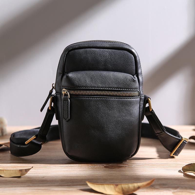 Black Leather Mens Small Vertical Messenger Bag Vertical Black Side Ba –  imessengerbags