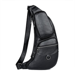 Badass Black Leather Men's Sling Bag Chest Bag One shoulder Backpack Chest Bag For Men - imessengerbags