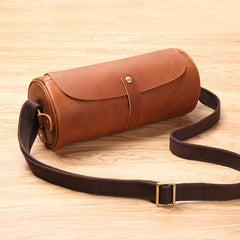 Black Leather Mens Brown Barrel Postman Bag Brown Bucket Messenger Bag Side Bag For Men - imessengerbags