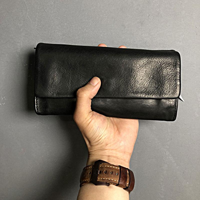 Handmade Genuine Leather Mens Clutch Cool Slim Wallet Zipper Clutch Wristlet Wallet for Men - imessengerbags