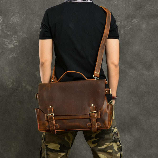 Leather Mens Brown Briefcase 12'' Laptop Briefcase Crossbody Side Bag Shoulder Bag For Men - imessengerbags