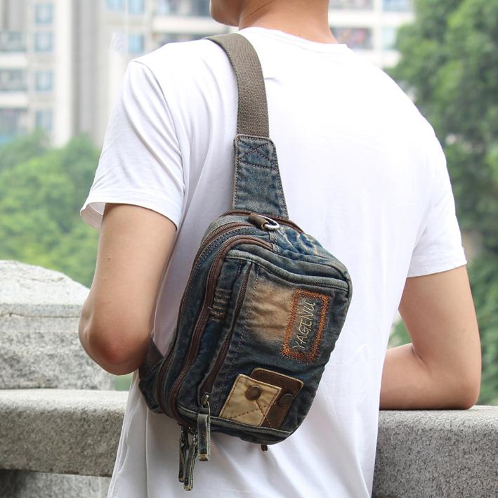 Waist Bag Canvas and Leather Hip Bag Small Fannypack Belt Bag 