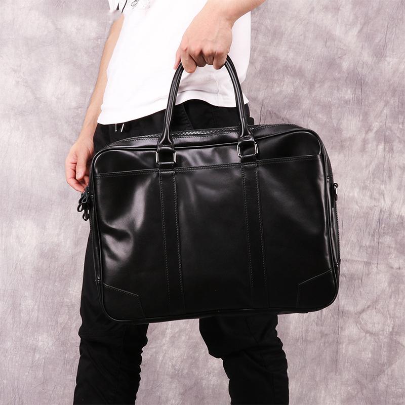 Black Leather Mens 15.6 inches Laptop Work Bag Handbag Briefcase