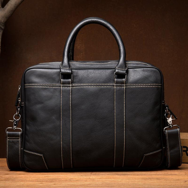 Black Leather Mens 15 inches Briefcase Laptop Side Bag Business Bags Work Bags for Men - imessengerbags