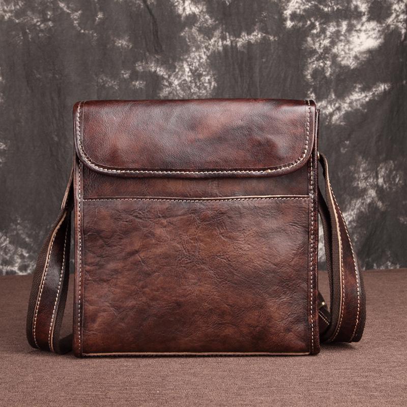 Casual Dark Coffee Leather Messenger Bag Men's 8 inches Side Bag Verti –  imessengerbags