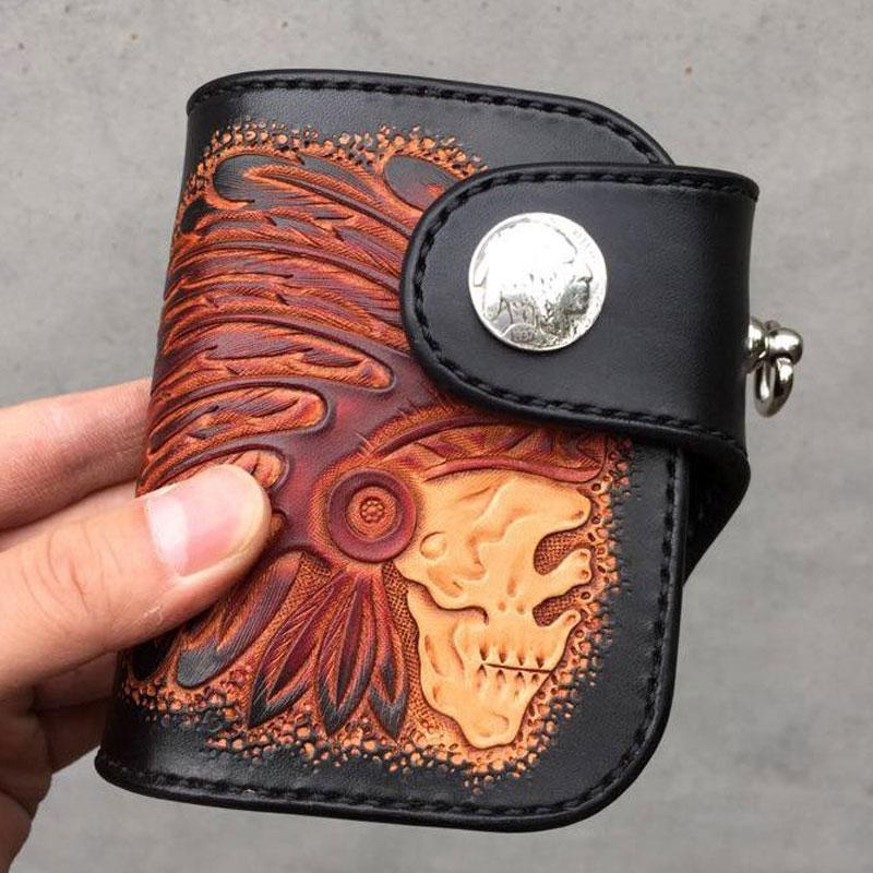 Handmade Leather Small Tibetan Tooled Mens billfold Wallets Cool Chain