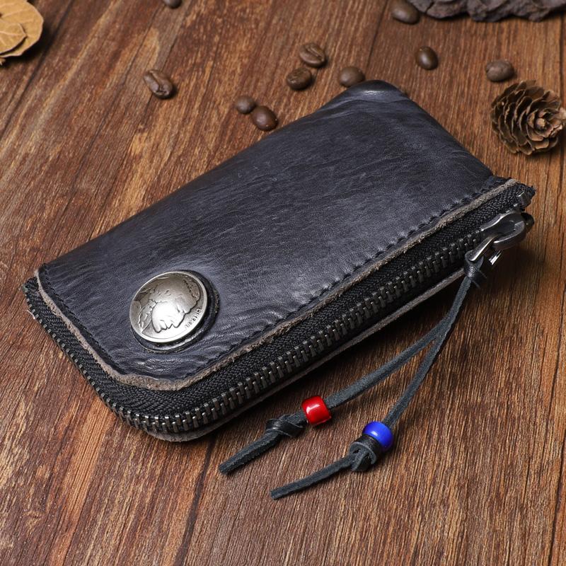 Black Leather Mens Small Car Key Wallet Dark Brown Key Holder Coin Pur
