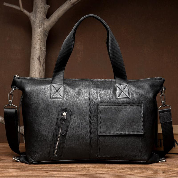 Black Leather Mens 15 inches Briefcase Laptop Bags Business Handbag Work Bag for Men - imessengerbags